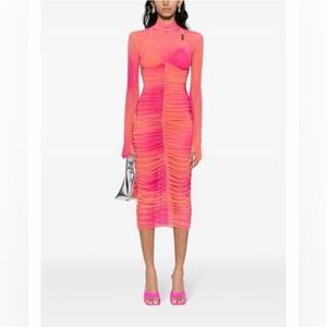 Versace Jeans Couture Ruched Mesh Midi Dress Logo Plaque Ombré Size 42 NWT